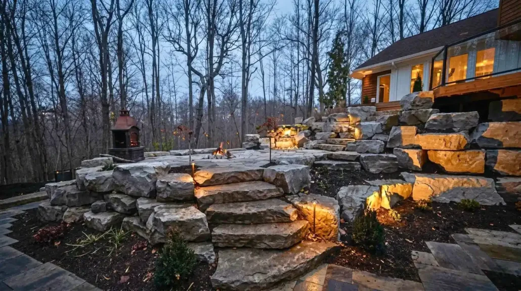 Terraced backyard landscape with natural stone retaining walls, stone steps, and warm landscape lighting at dusk.