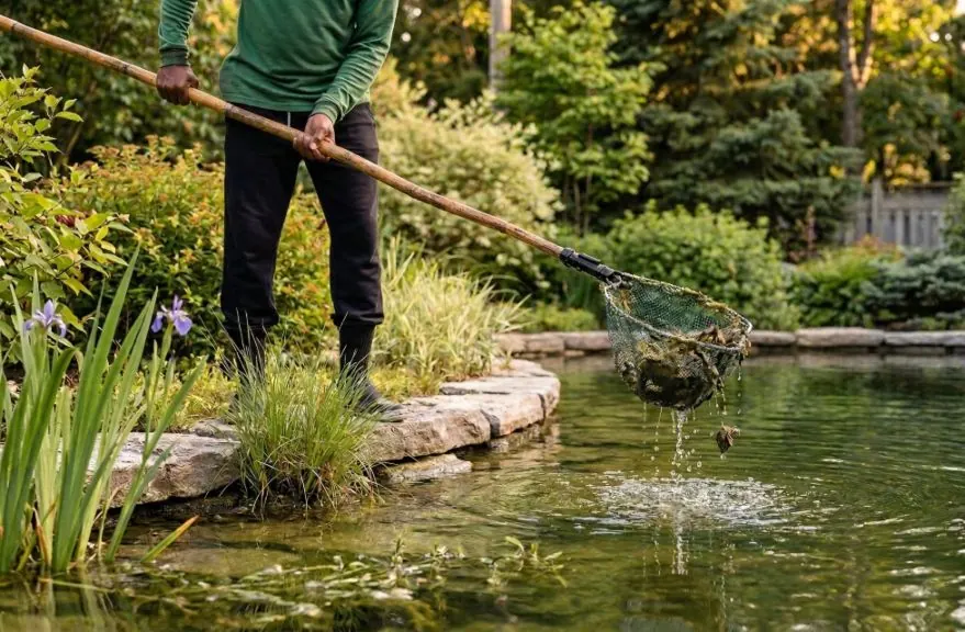 Person removing debris from a residential pond using a net in Ontario